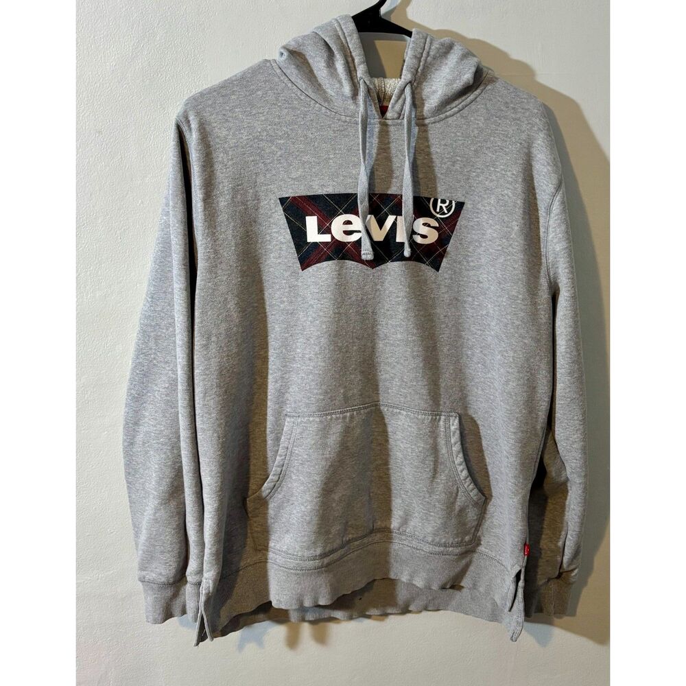 Levi’s Heather Gray Pullover Hoodie Sweatshirt Size M –  Plaid Logo Front